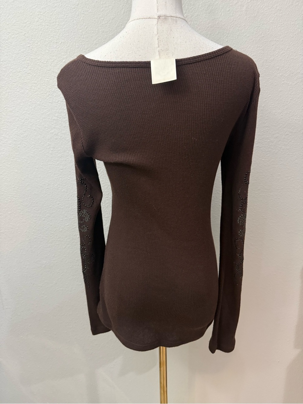 Y2K Insipired Brown V-Neck Long Sleeve Top with Embellished Detail M - Picture 2 of 4